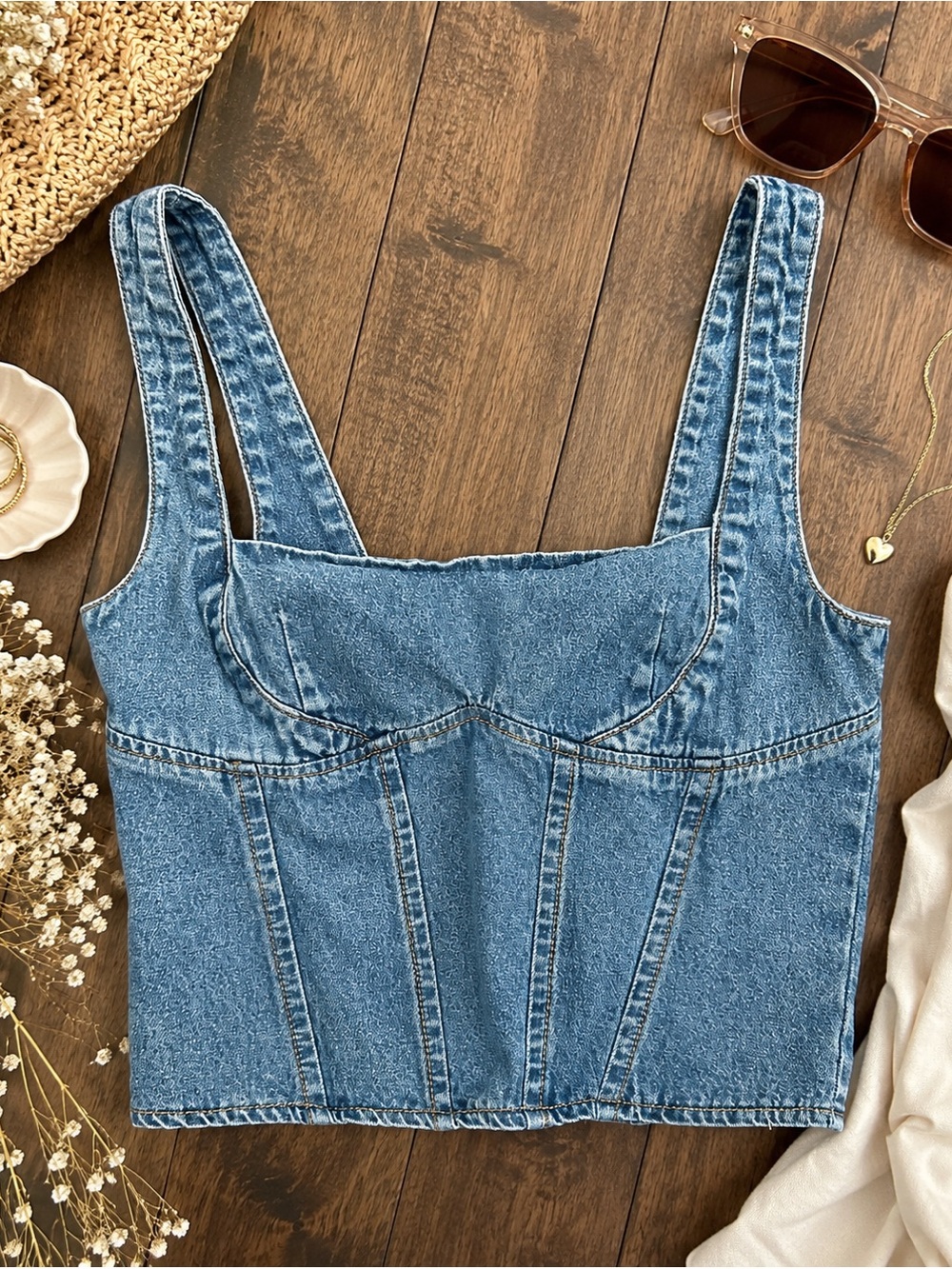 Edikted Denim Blue Crop Bustier Tank